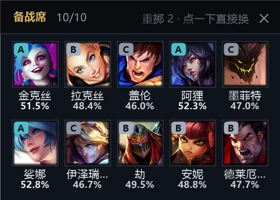 备战席：十个可换英雄，每个带评级字母和胜率